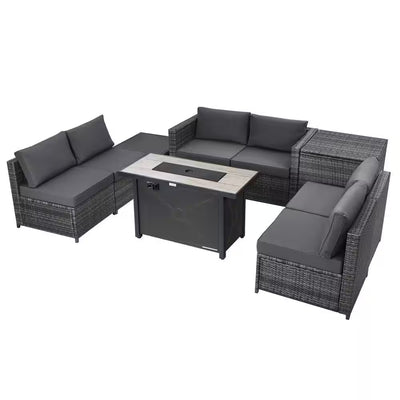 9-Pieces Patio Rattan Furniture Set Fire Pit Table Storage Grey with Cover Grey