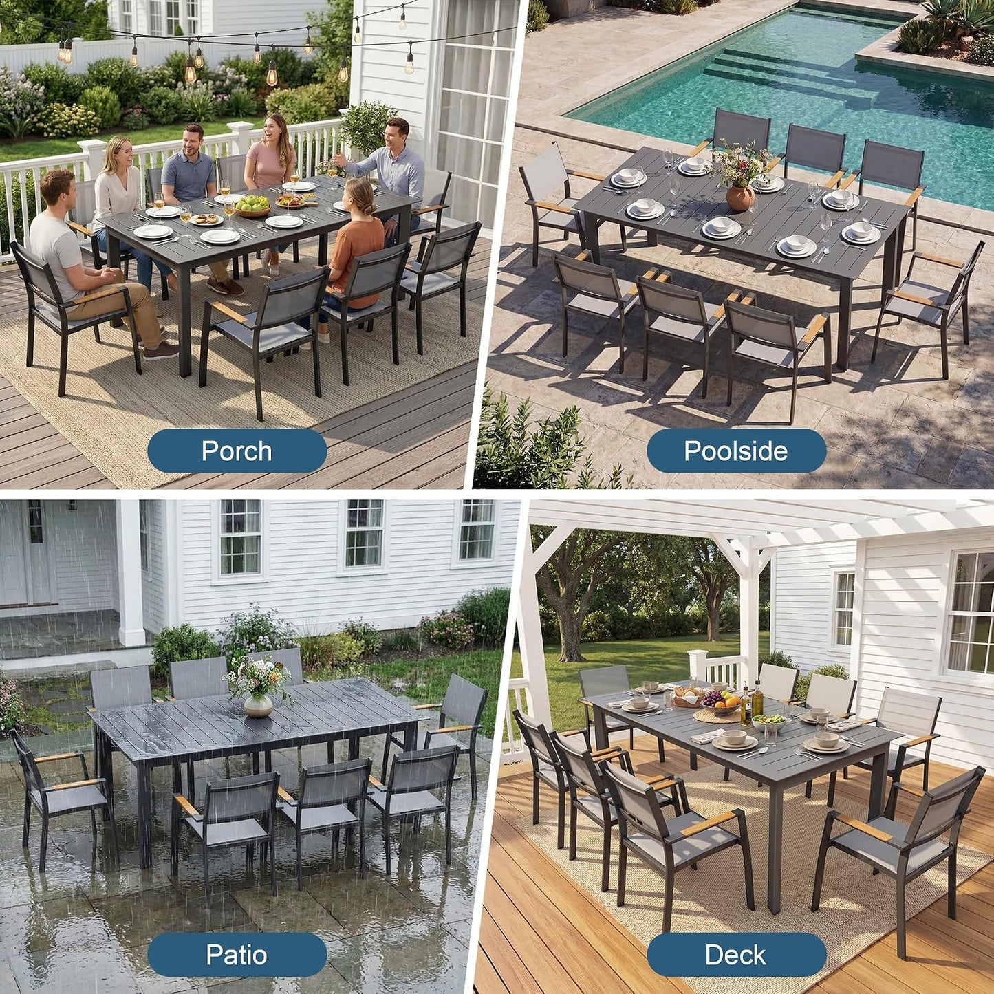 Patio Furniture Set with 121" Extendable Dining Table, Patio Table Set for 4–12 People, All-Weather Aluminum Outdoor Furniture, Outdoor Dining Set for Backyard, Porch, and Garde, Grey