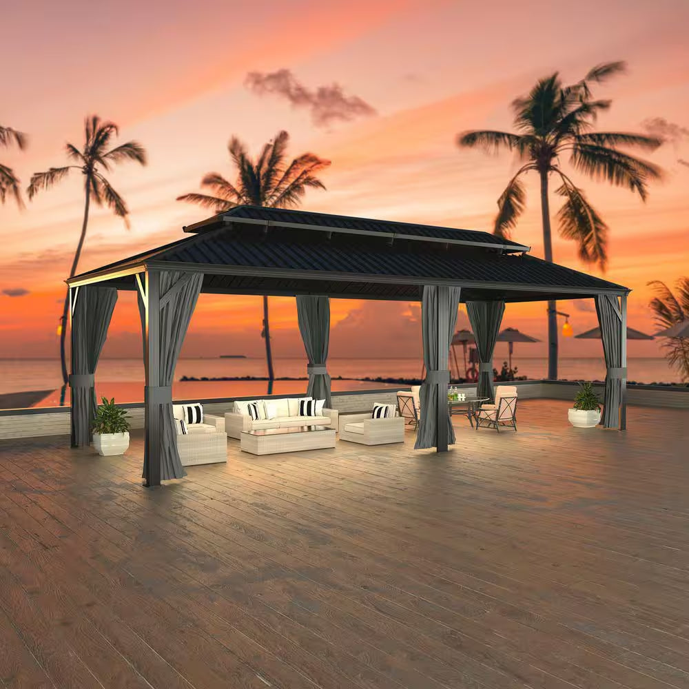 24 Ft. W X 12 Ft. D Aluminum Double Hardtop Gazebo with Textilene Netting