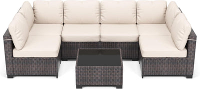 7 Piece Outdoor Patio Furniture Set, PE Rattan Conversation Sofa Set, Wicker Patio Set W/Thick Cushions & Glass Top Coffee Table, All-Weather outside Furniture for Garden, Balcony,Porch(Brown+Beige)