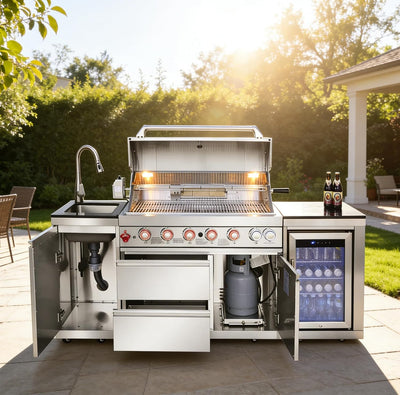 82-Inch 6-Burner Gas Grill 85,000 BTU Outdoor Kitchen Barbecue | Stainless Steel Grill Island with Sink, Storage Cabinets, and Wine Refrigerator,Backyard, Patio, Lawn, Silver