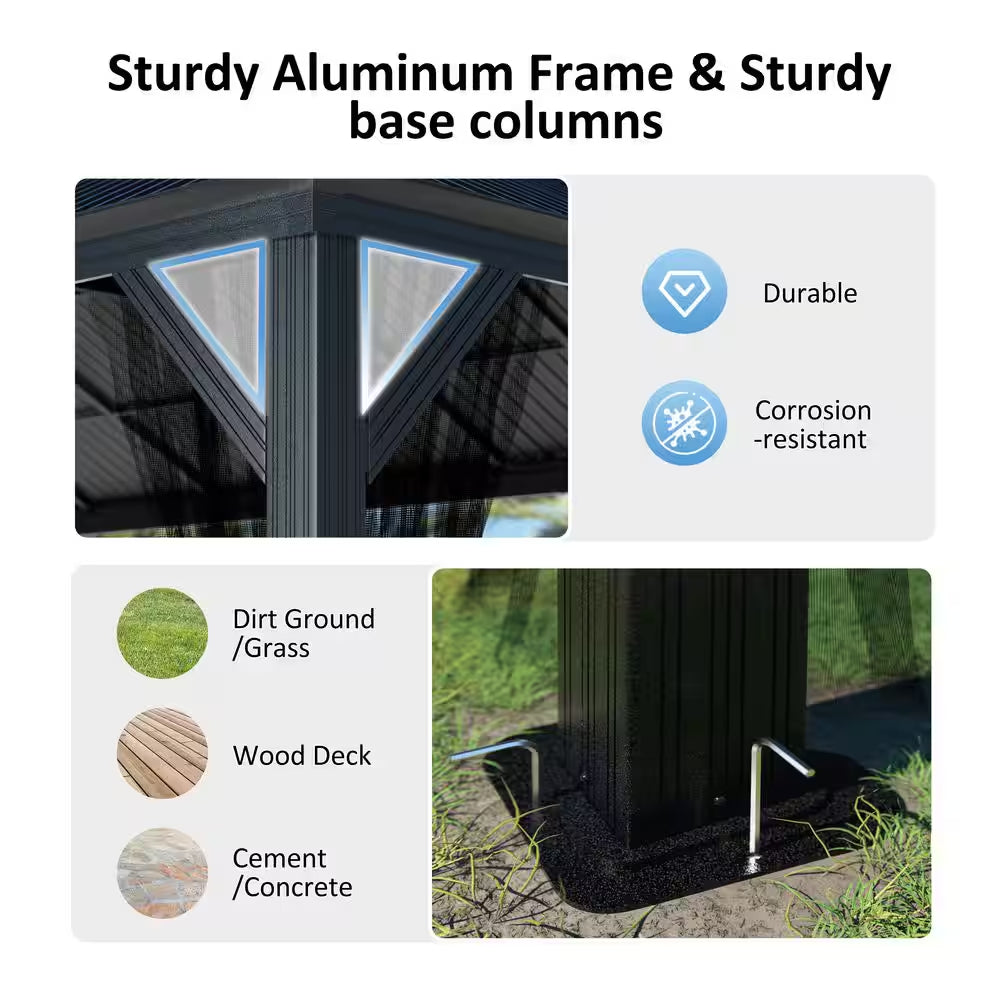 12 Ft. W X 12 Ft. D Aluminum Hardtop Gazebo with Galvanized Double Roof and Textilene Netting