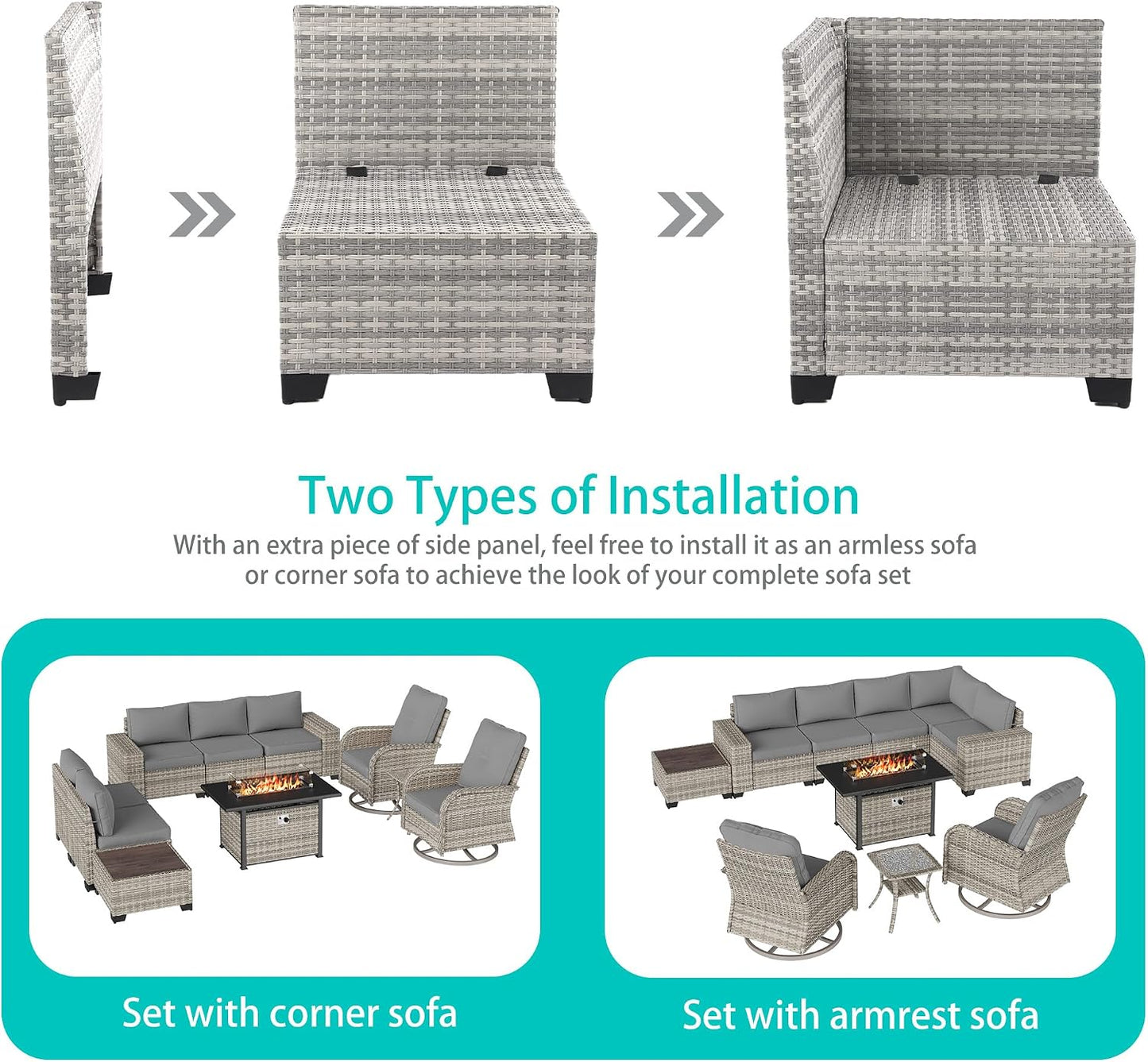 Outdoor Patio Furniture Set PE Wicker Rattan Outdoor Sectional Sofa | Patio Conversation Set with 55,000 BTU Fire Pit Table & Rocking Swivel Chair,Coffee Table & Thickened Cushions, Grey
