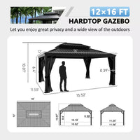 16 Ft. W X 12 Ft. D Aluminum Hardtop Gazebo with Galvanized Double Roof and Textilene Netting