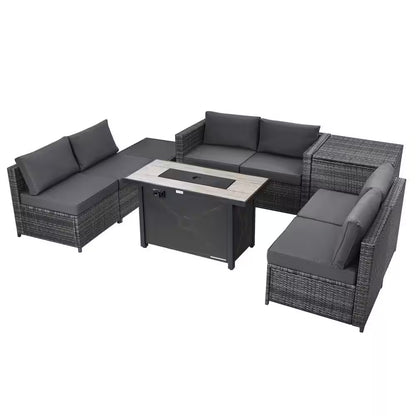 9-Pieces Patio Rattan Furniture Set Fire Pit Table Storage Grey with Cover Grey
