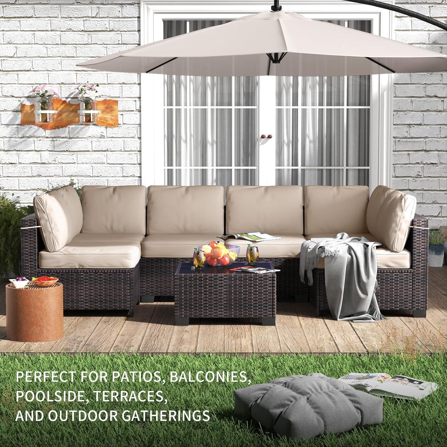 7 Piece Outdoor Patio Furniture Set, PE Rattan Conversation Sofa Set, Wicker Patio Set W/Thick Cushions & Glass Top Coffee Table, All-Weather outside Furniture for Garden, Balcony,Porch(Brown+Beige)
