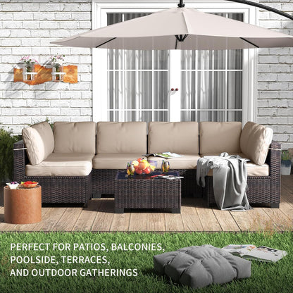 7 Piece Outdoor Patio Furniture Set, PE Rattan Conversation Sofa Set, Wicker Patio Set W/Thick Cushions & Glass Top Coffee Table, All-Weather outside Furniture for Garden, Balcony,Porch(Brown+Beige)