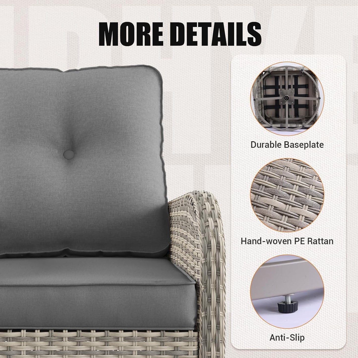 Outdoor Patio Furniture Set PE Wicker Rattan Outdoor Sectional Sofa | Patio Conversation Set with 55,000 BTU Fire Pit Table & Rocking Swivel Chair,Coffee Table & Thickened Cushions, Grey