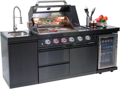 Outdoor Kitchen Island Gas Grill System 4 Burner BBQ Island with Rotisserie Kit, Integrated Sink, Wine Cooler & Granite Countertop