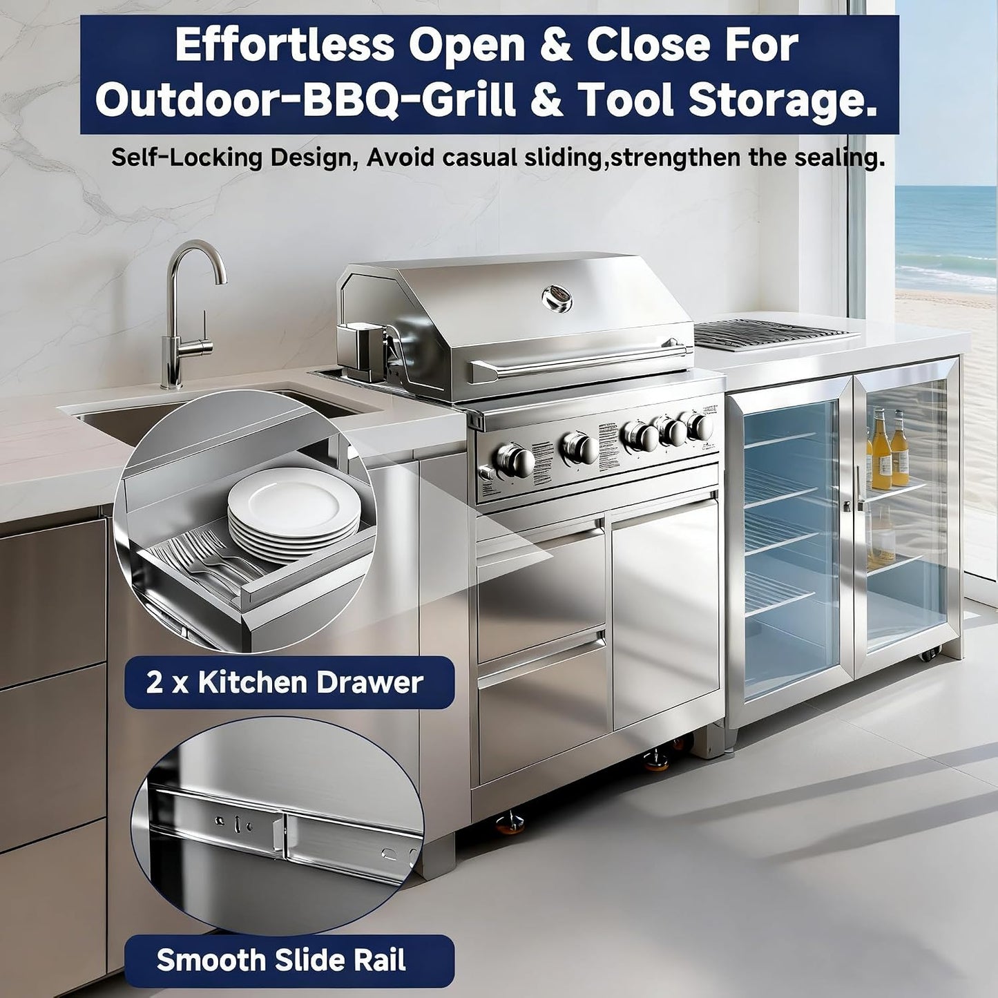 Outdoor Stainless-Steel Kitchen Drawers Cabinet for Built-In BBQ Grill .Stainless-Steel Outdoor Kitchen Grill Cabinet with 2 Drawers and Propane Tank Storage,(Fits 30"-MK04SS304 Propane Grill).