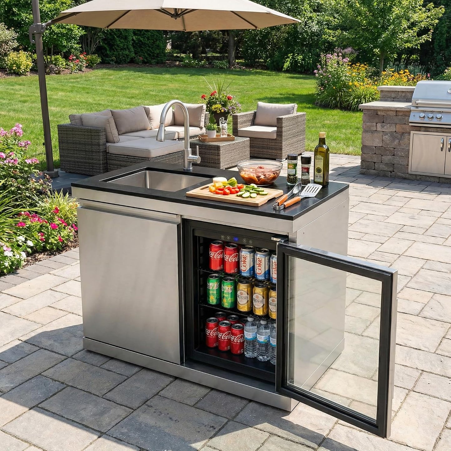 84" Deluxe Outdoor Kitchen Bar and BBQ Island Grill with 6 Burner, 75300 BTU Stainless Steel Grill, Integrated Sink, Wine Cooler, Refrigerator, Granite Countertops, and Rotisserie Kit
