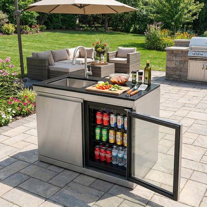84" Deluxe Outdoor Kitchen Bar and BBQ Island Grill with 6 Burner, 75300 BTU Stainless Steel Grill, Integrated Sink, Wine Cooler, Refrigerator, Granite Countertops, and Rotisserie Kit