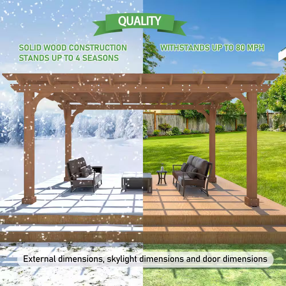 14 Ft. W X 10 Ft. D Cedar Wood Patio Pergola Shade Structure for Outdoor, Brown