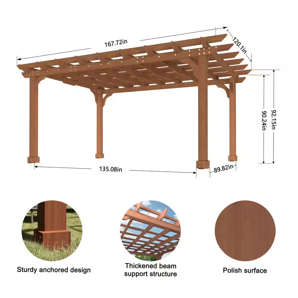 14 Ft. W X 10 Ft. D Cedar Wood Patio Pergola Shade Structure for Outdoor, Brown