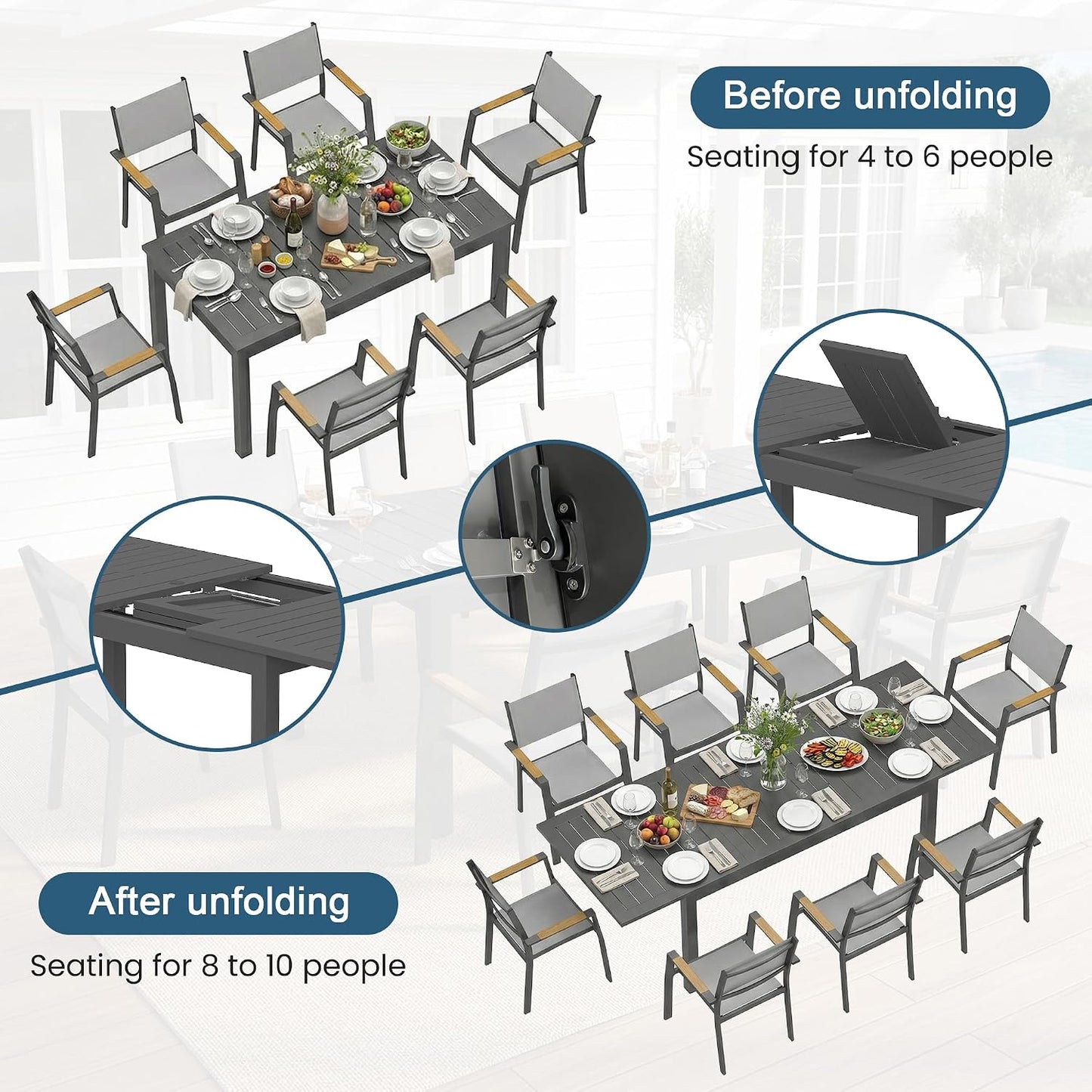 Patio Furniture Set with 92" Extendable Dining Table for 4–8 People | Aluminum All-Weather Patio Table and Chairs, Outdoor Furniture with Quick-Dry Textilene Chairs for Backyard, Porch, Grey