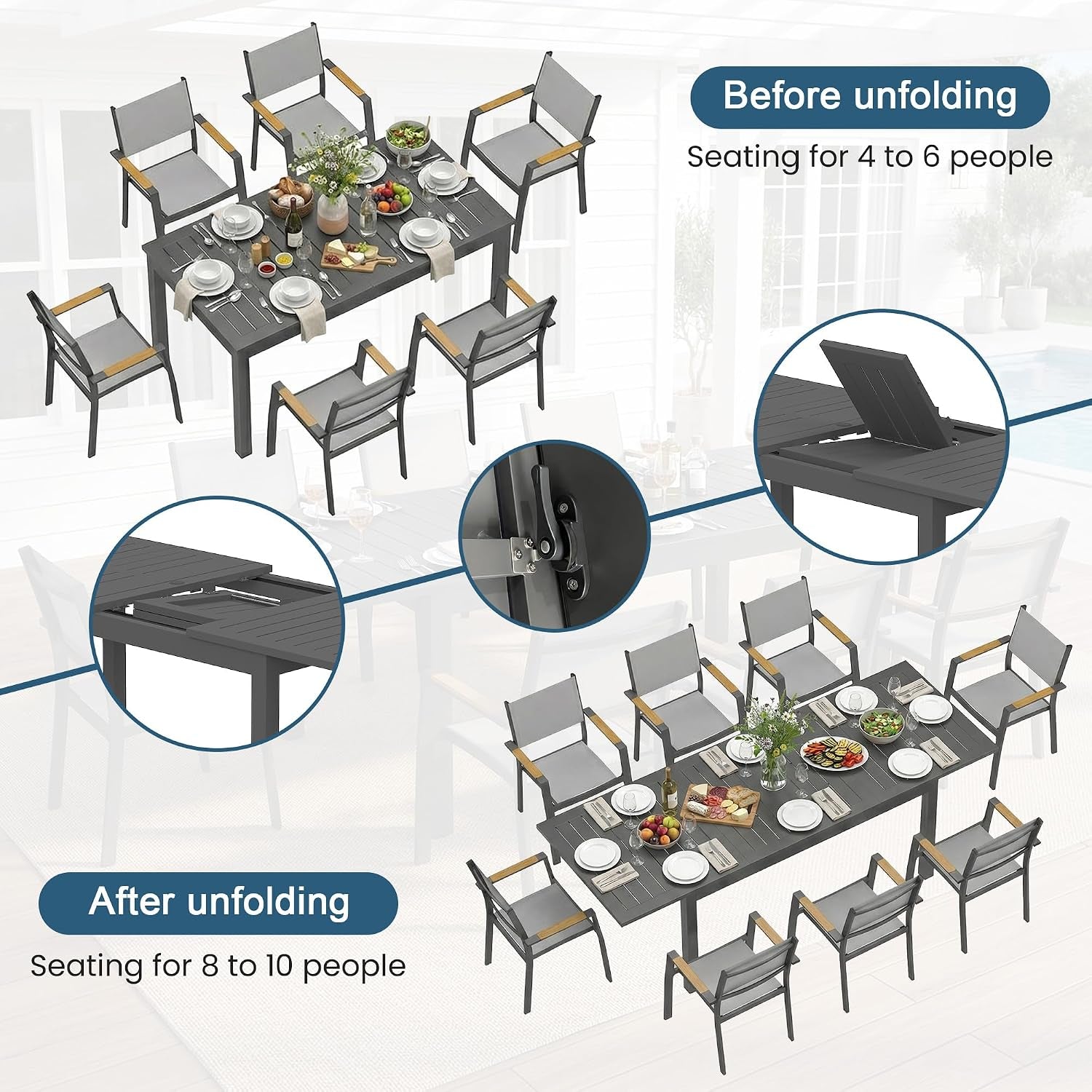 Patio Furniture Set with 92" Extendable Dining Table for 4–8 People | Aluminum All-Weather Patio Table and Chairs, Outdoor Furniture with Quick-Dry Textilene Chairs for Backyard, Porch, Grey