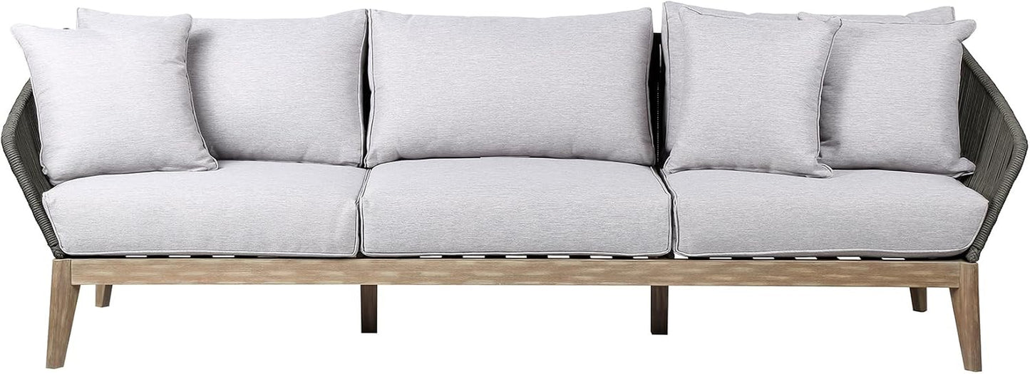 Athos Indoor Outdoor 3 Seater Sofa in Light Eucalyptus Wood with Latte Rope and Grey Cushions