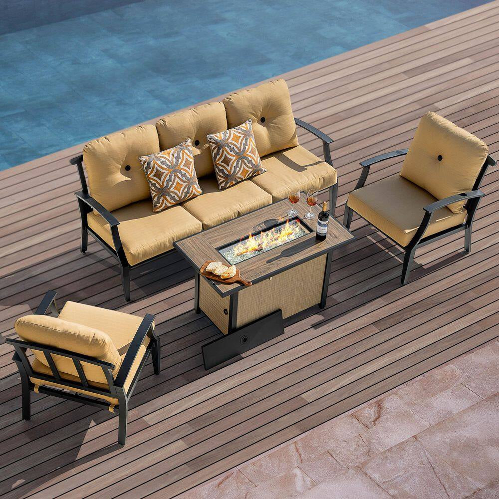Brown 4-Piece Aluminum Patio Conversation Set with Iron Propane Fire Pit Table, Sofa Set with Ginger Cushions