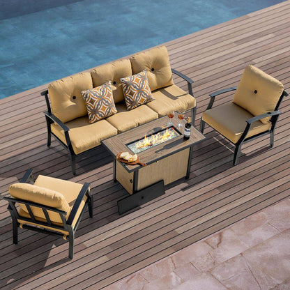 Brown 4-Piece Aluminum Patio Conversation Set with Iron Propane Fire Pit Table, Sofa Set with Ginger Cushions