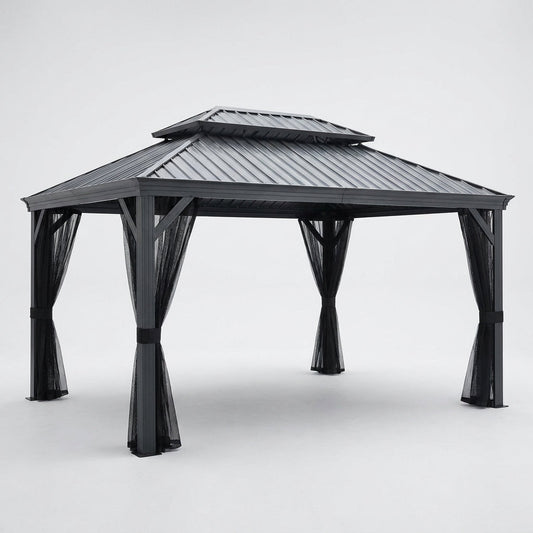 16 Ft. W X 12 Ft. D Aluminum Hardtop Gazebo with Galvanized Double Roof and Textilene Netting — Studio Shot