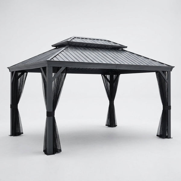 16 Ft. W X 12 Ft. D Aluminum Hardtop Gazebo with Galvanized Double Roof and Textilene Netting — Studio Shot