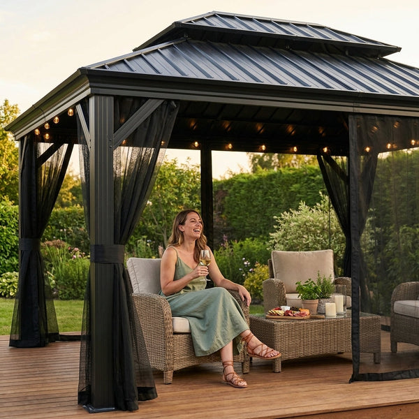 Aluminum Hardtop Gazebo Built for Year-Round Outdoor Use, 16x12 Foot Coverage, Double Roof Ventilation, Mosquito Netting