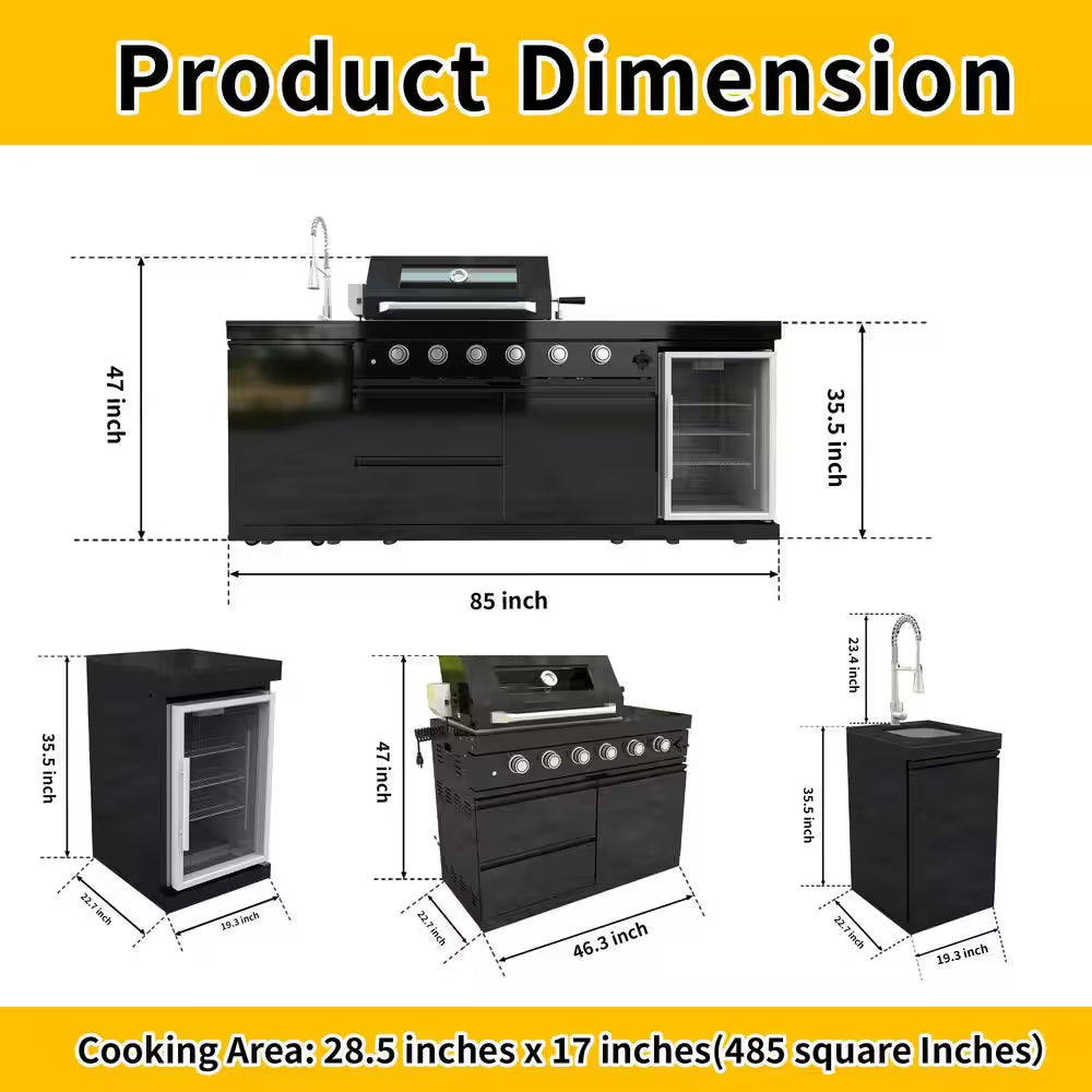 46 In. 4-Burner 72000 BTU Propane Gas Grill Island Outdoor Kitchen with Refrigerator, Sink in Black Stainless Steel
