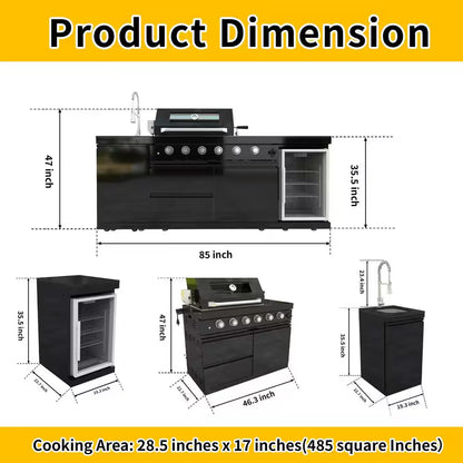 46 In. 4-Burner 72000 BTU Propane Gas Grill Island Outdoor Kitchen with Refrigerator, Sink in Black Stainless Steel