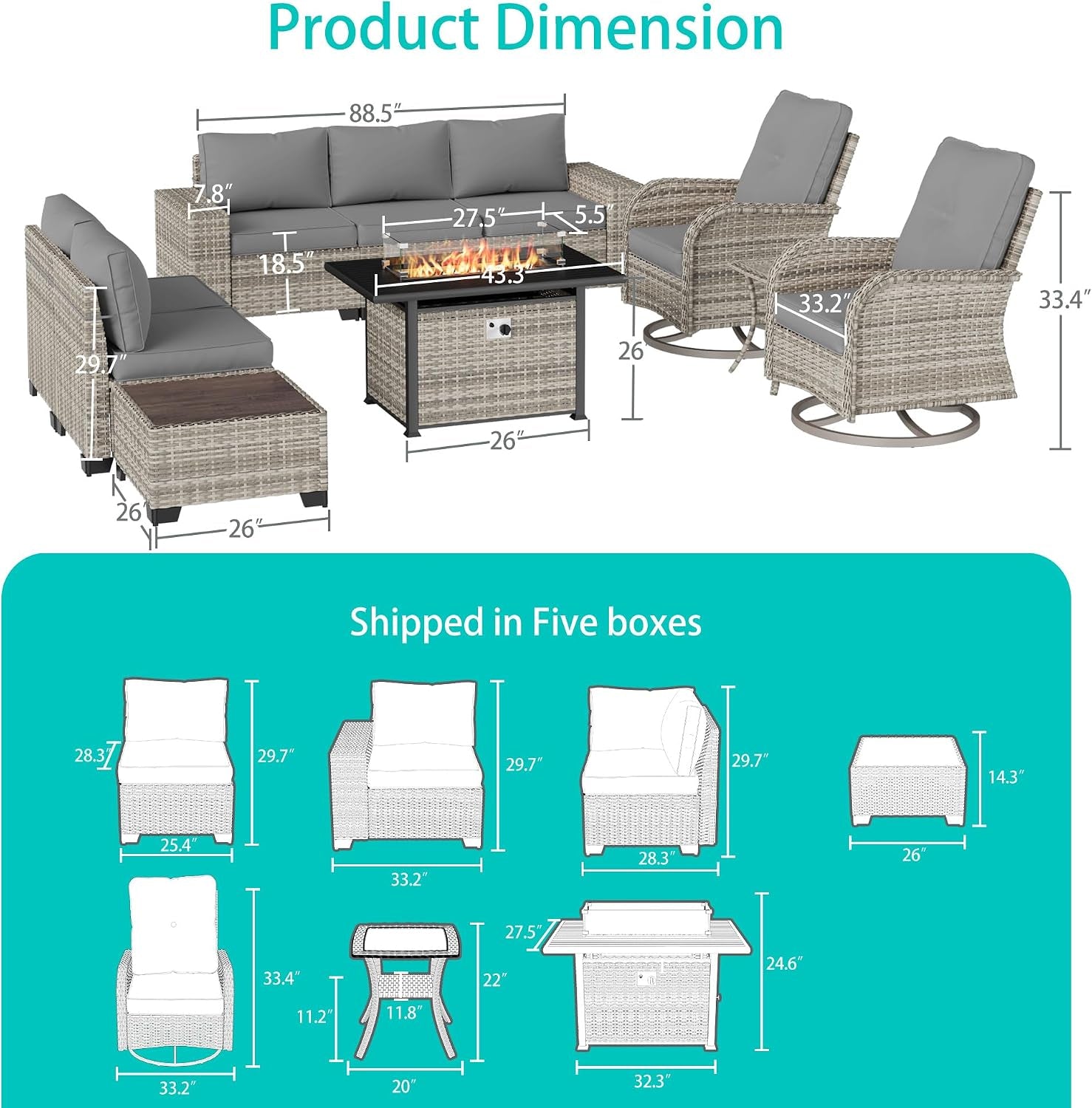 Outdoor Patio Furniture Set PE Wicker Rattan Outdoor Sectional Sofa | Patio Conversation Set with 55,000 BTU Fire Pit Table & Rocking Swivel Chair,Coffee Table & Thickened Cushions, Grey