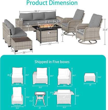 Outdoor Patio Furniture Set PE Wicker Rattan Outdoor Sectional Sofa | Patio Conversation Set with 55,000 BTU Fire Pit Table & Rocking Swivel Chair,Coffee Table & Thickened Cushions, Grey