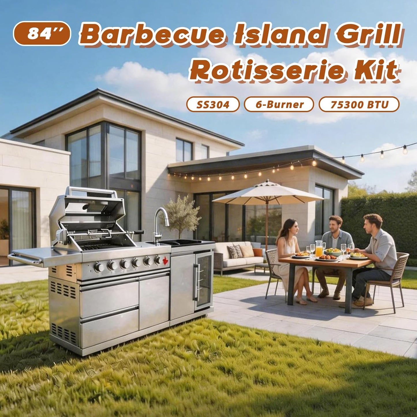 84" Deluxe Outdoor Kitchen Bar and BBQ Island Grill with 6 Burner, 75300 BTU Stainless Steel Grill, Integrated Sink, Wine Cooler, Refrigerator, Granite Countertops, and Rotisserie Kit