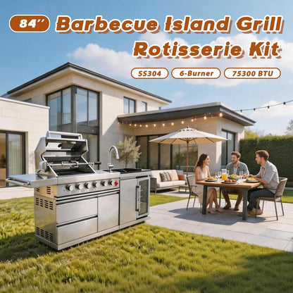 84" Deluxe Outdoor Kitchen Bar and BBQ Island Grill with 6 Burner, 75300 BTU Stainless Steel Grill, Integrated Sink, Wine Cooler, Refrigerator, Granite Countertops, and Rotisserie Kit