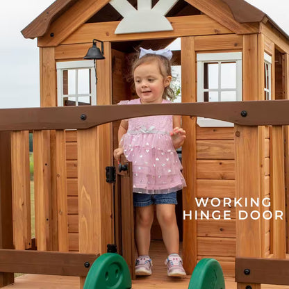 Echo Heights Indoor Outdoor All Cedar Wooden Elevated Playhouse with Clubhouse, Ladder, Green Slide, and Play Kitchen