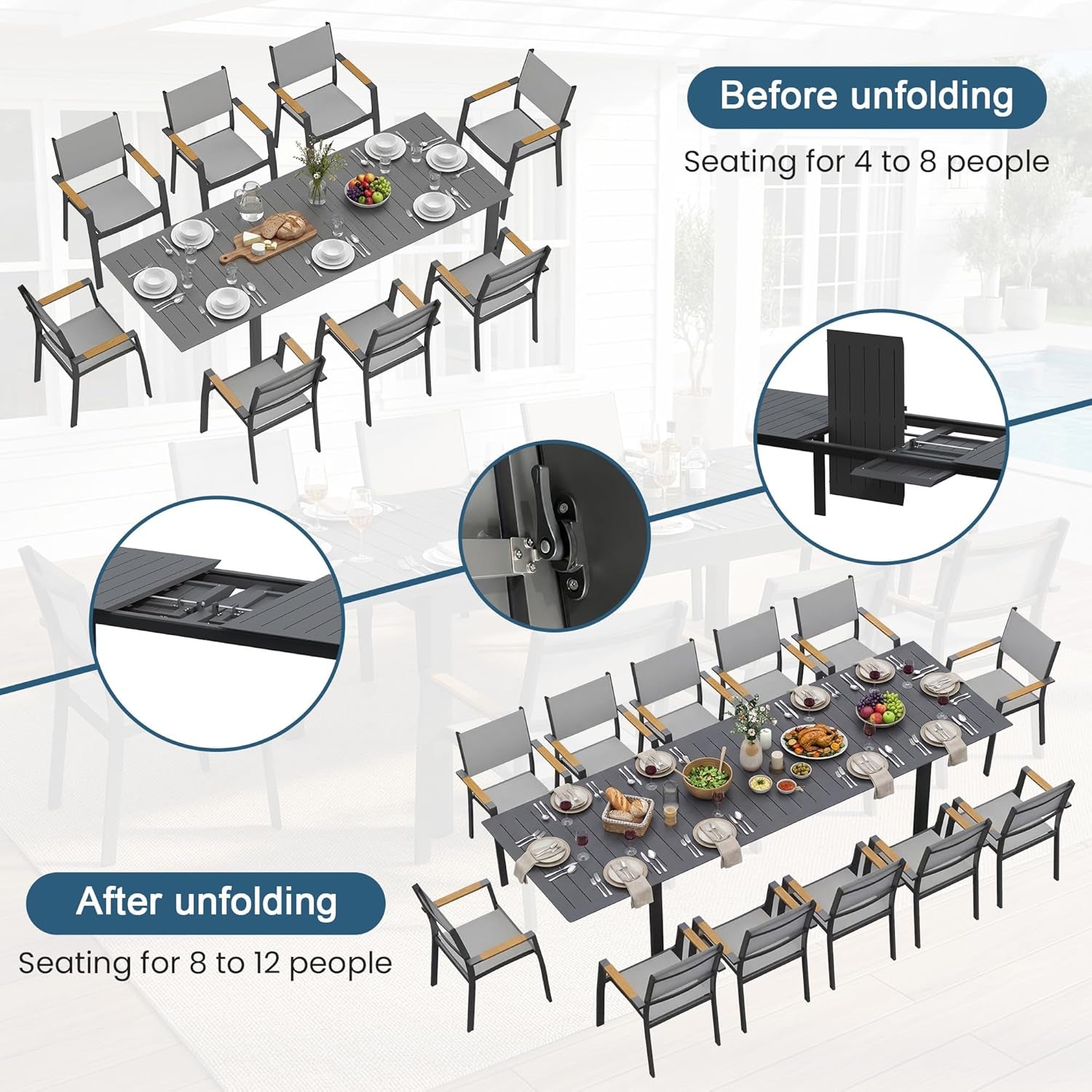 Patio Furniture Set with 121" Extendable Dining Table, Patio Table Set for 4–12 People, All-Weather Aluminum Outdoor Furniture, Outdoor Dining Set for Backyard, Porch, and Garde, Grey