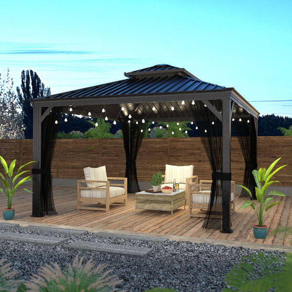 12 Ft. W X 12 Ft. D Aluminum Hardtop Gazebo with Galvanized Double Roof and Textilene Netting