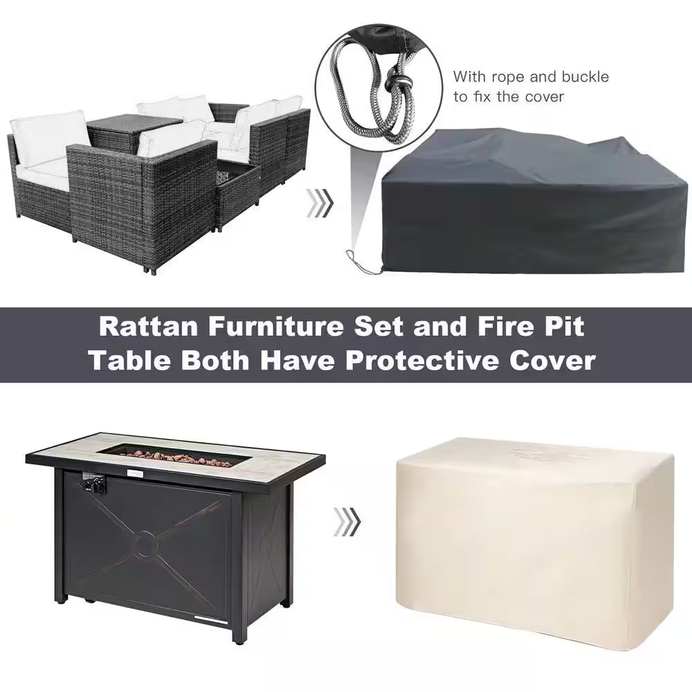 9-Pieces Patio Rattan Furniture Set Fire Pit Table Storage Grey with Cover Grey