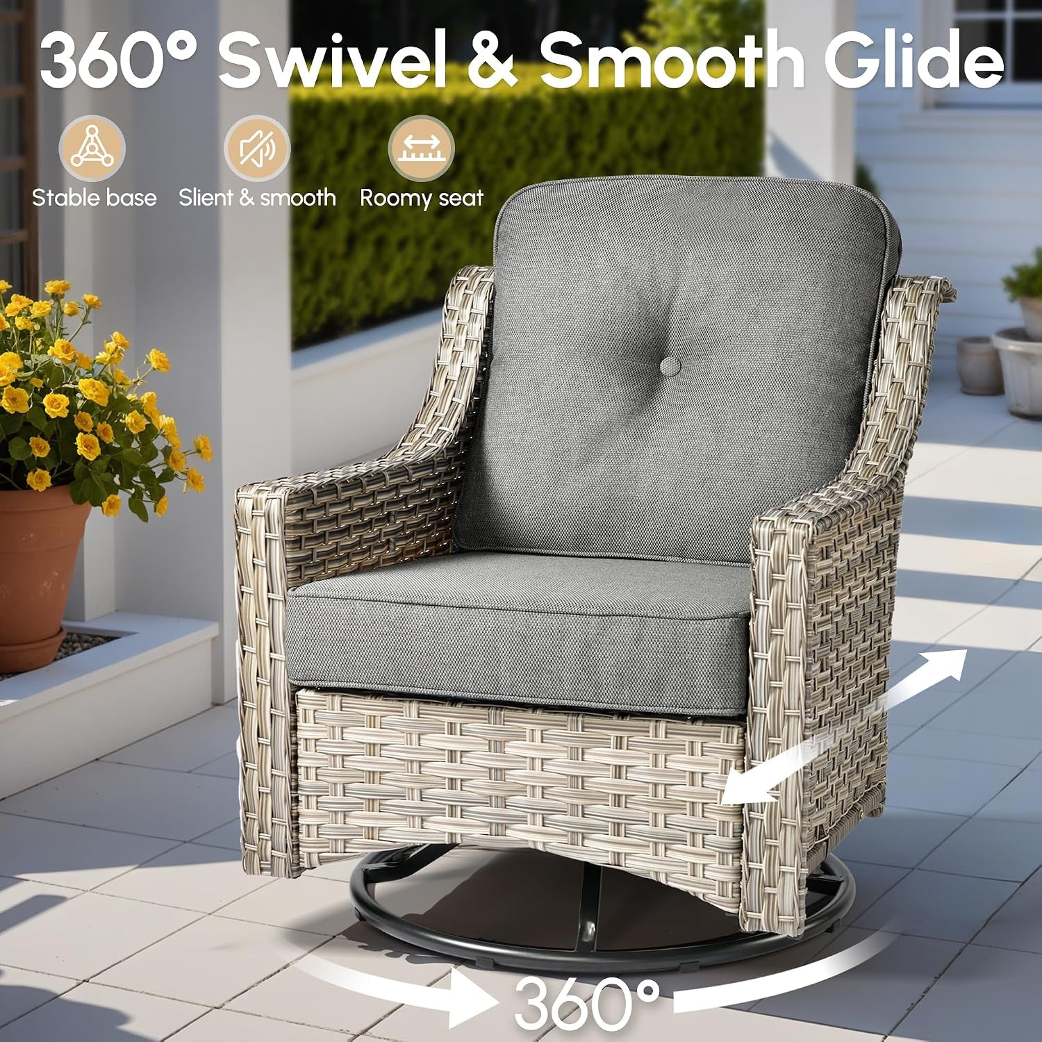 7 PCS Outdoor Patio Furniture Set with Fire Pit Table and Swivel Rocking Chairs,Patio Seating outside Sofa and Chair Set,All Weather Wicker Outdoor Conversation Sets for Yard Porch Deck,Dark Grey