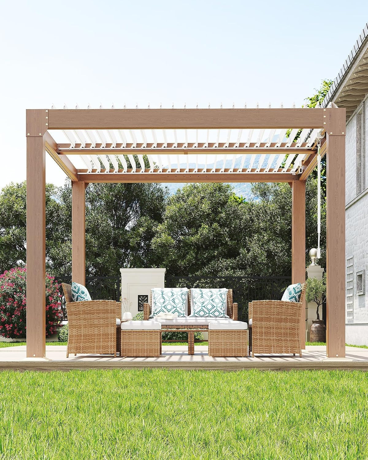 Louvered Pergola 10 Ft X10', Outdoor Pergola with Adjustable Louvered Roof, Reinforced Aluminum Frame, Integrated Drainage System, Hardtop Gazebo for Patio, Deck, Wood Grain