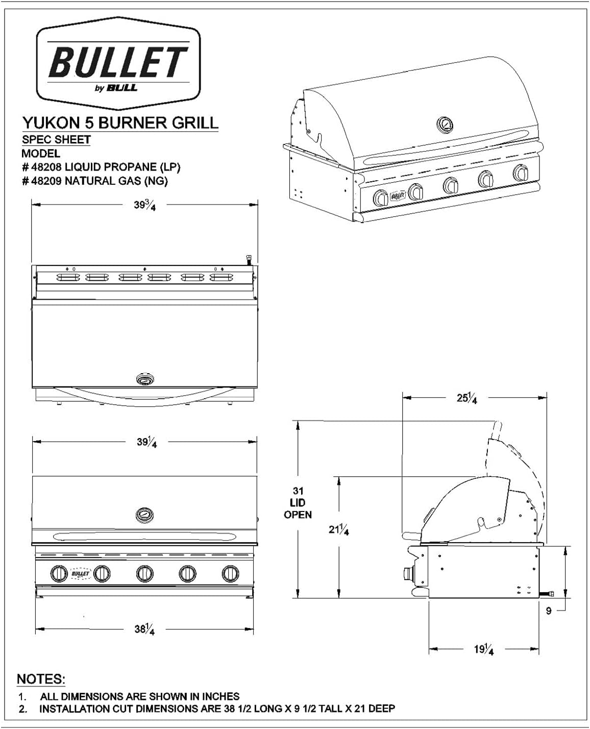 Bullet by Bull Yukon 5 Burner Outdoor Kitchen Grill, Built-In Gas Grill with 75,000 Btus of Heat, 304 Stainless Steel, Cast Iron Heat Treated Reliabull Bar Burners and Piezo Igniters