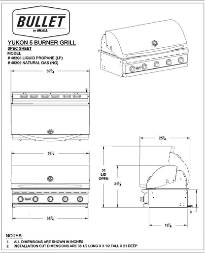 Bullet by Bull Yukon 5 Burner Outdoor Kitchen Grill, Built-In Gas Grill with 75,000 Btus of Heat, 304 Stainless Steel, Cast Iron Heat Treated Reliabull Bar Burners and Piezo Igniters
