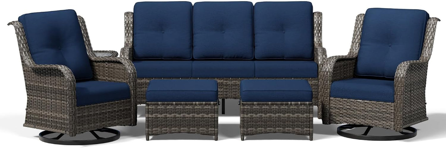 6 Piece Wicker Patio Furniture Set, Outdoor Swivel Rocker Patio Chairs with High Back, Deep Seating, Wide Armrest, Thickened Cushions, Outdoor Furniture for Deck, Porch Use