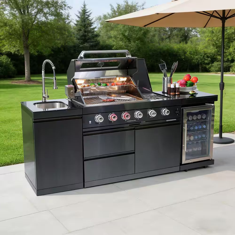 46 In. 4-Burner 72000 BTU Propane Gas Grill Island Outdoor Kitchen with Refrigerator, Sink in Black Stainless Steel