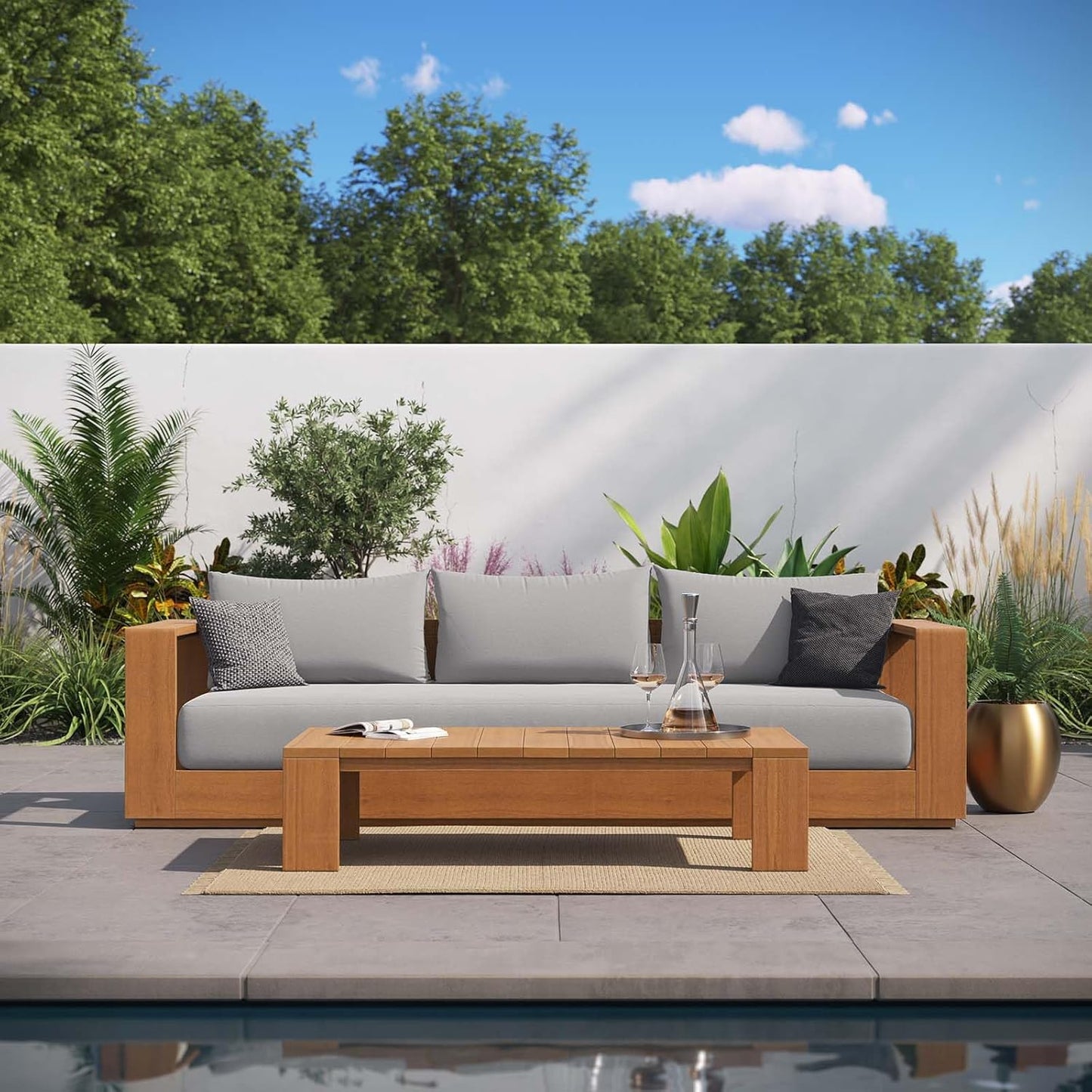 Tahoe Acacia Wood 2-Piece Outdoor Patio Furniture Set in Natural Light Gray - Includes Sofa with Weather-Resistant Cushions and Coffee Table