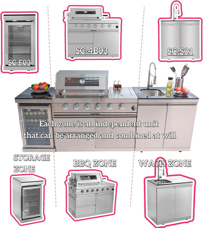 BBQ Island Outdoor Kitchen Kits, 4-Burner 72000 BTU Stainless Steel Modular 98 Inch Natural Gas Outdoor Kitchen Bar Barbecue Island Grill with Refrigerator and Sink for Patio Backyard
