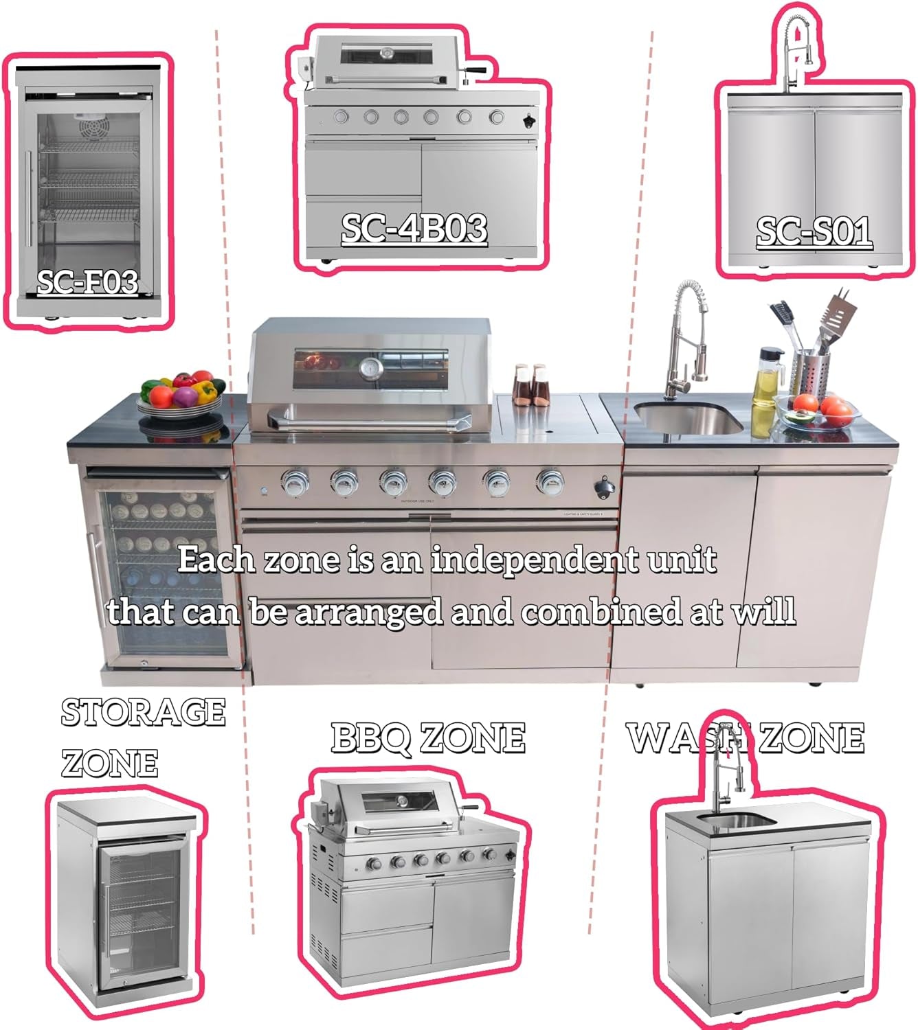 Modular Outdoor Kitchen BBQ Island, 104" Outdoor Kitchen Propane Gas Island Grill with Sink, Compact Refrigerator, Storage Cabinets, Rotisserie Kit (Silver, 104")