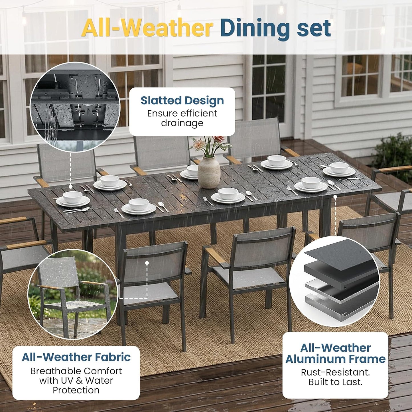Patio Furniture Set with 92" Extendable Dining Table for 4–8 People | Aluminum All-Weather Patio Table and Chairs, Outdoor Furniture with Quick-Dry Textilene Chairs for Backyard, Porch, Grey