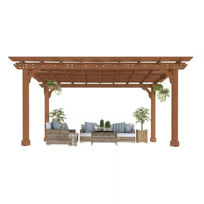 14 Ft. W X 10 Ft. D Cedar Wood Patio Pergola Shade Structure for Outdoor, Brown