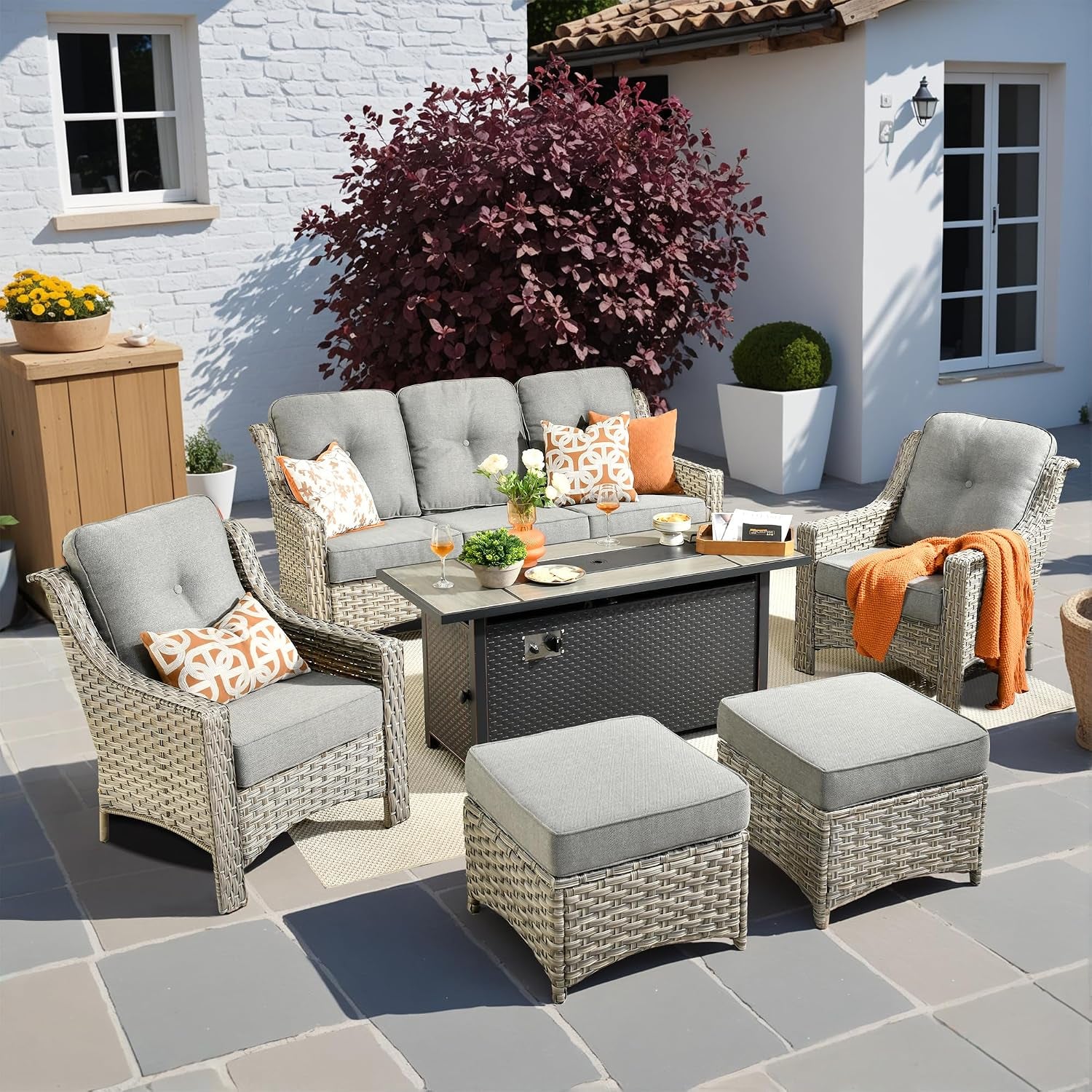 6 PCS Outdoor Patio Furniture Set with Fire Pit Table and Ottomans,Patio Seating outside Sofa and Chair Set,All Weather Wicker Outdoor Conversation Sets for Garden Deck Porch Yard,Dark Grey