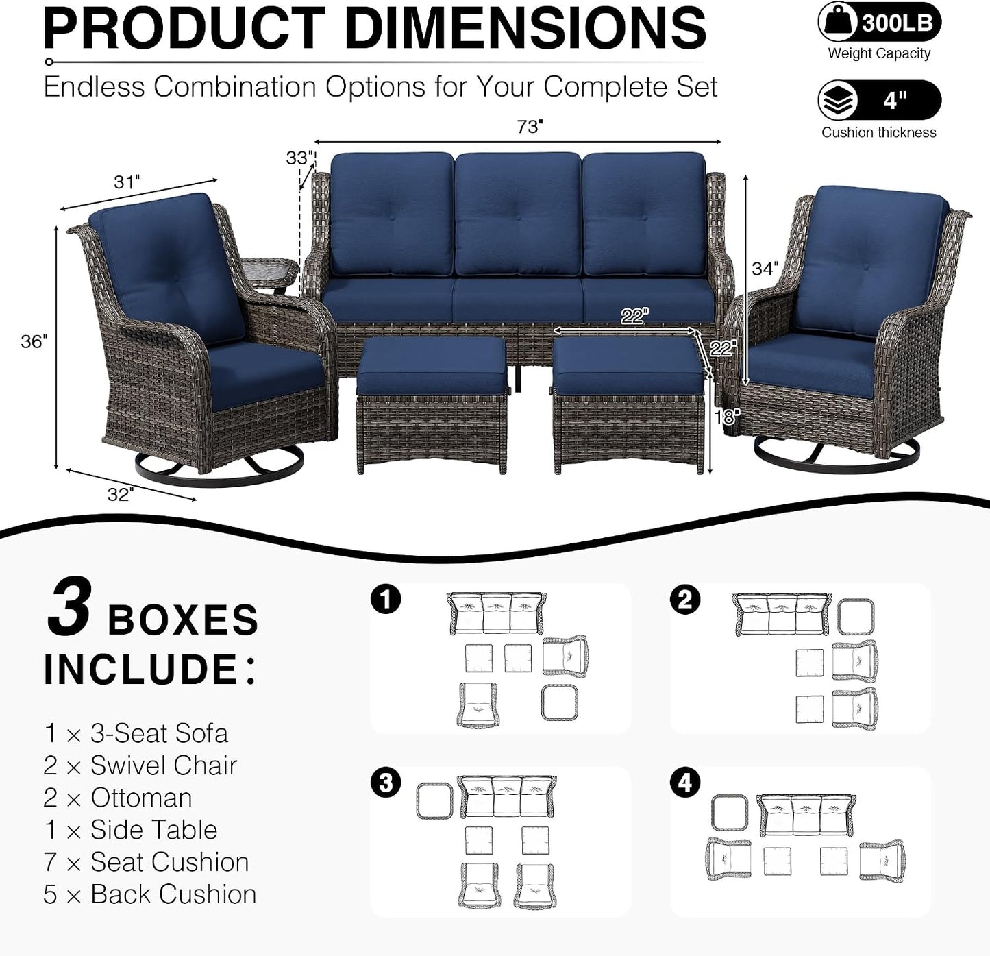 6 Piece Wicker Patio Furniture Set, Outdoor Swivel Rocker Patio Chairs with High Back, Deep Seating, Wide Armrest, Thickened Cushions, Outdoor Furniture for Deck, Porch Use