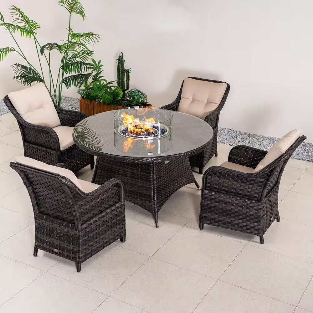 5-Piece Outdoor Patio Fire Pit Conversation Set with Cushioned Armchairs and Fire Pit Table